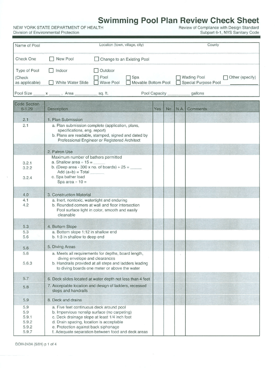 Form DOH-2434 Swimming Pool Plan Review Check Sheet - New York, Page 1
