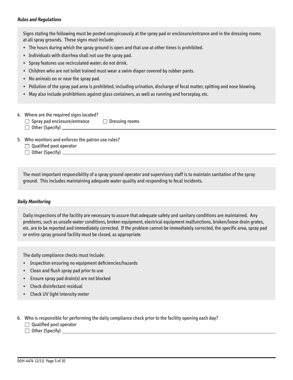 Form DOH-4474 Recreational Aquatic Spray Grounds Safety Plan - New York, Page 5