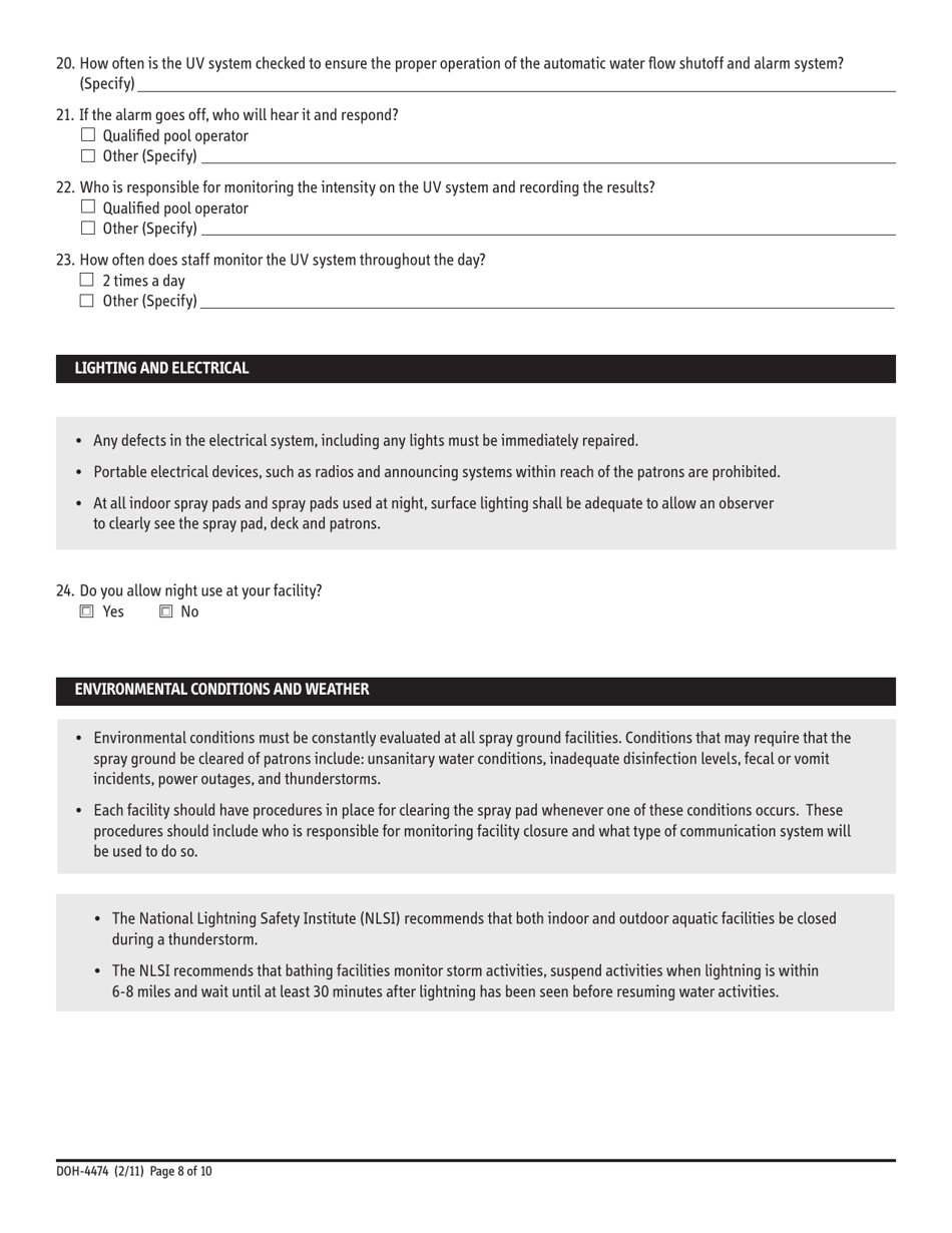 Form DOH-4474 Recreational Aquatic Spray Grounds Safety Plan - New York, Page 8