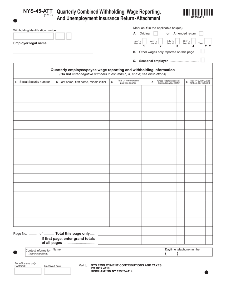 Form NYS-45-ATT (Instructions) Quarterly Combined Withholding, Wage Reporting, and Unemployment Insurance Return - Attachment - New York, Page 1