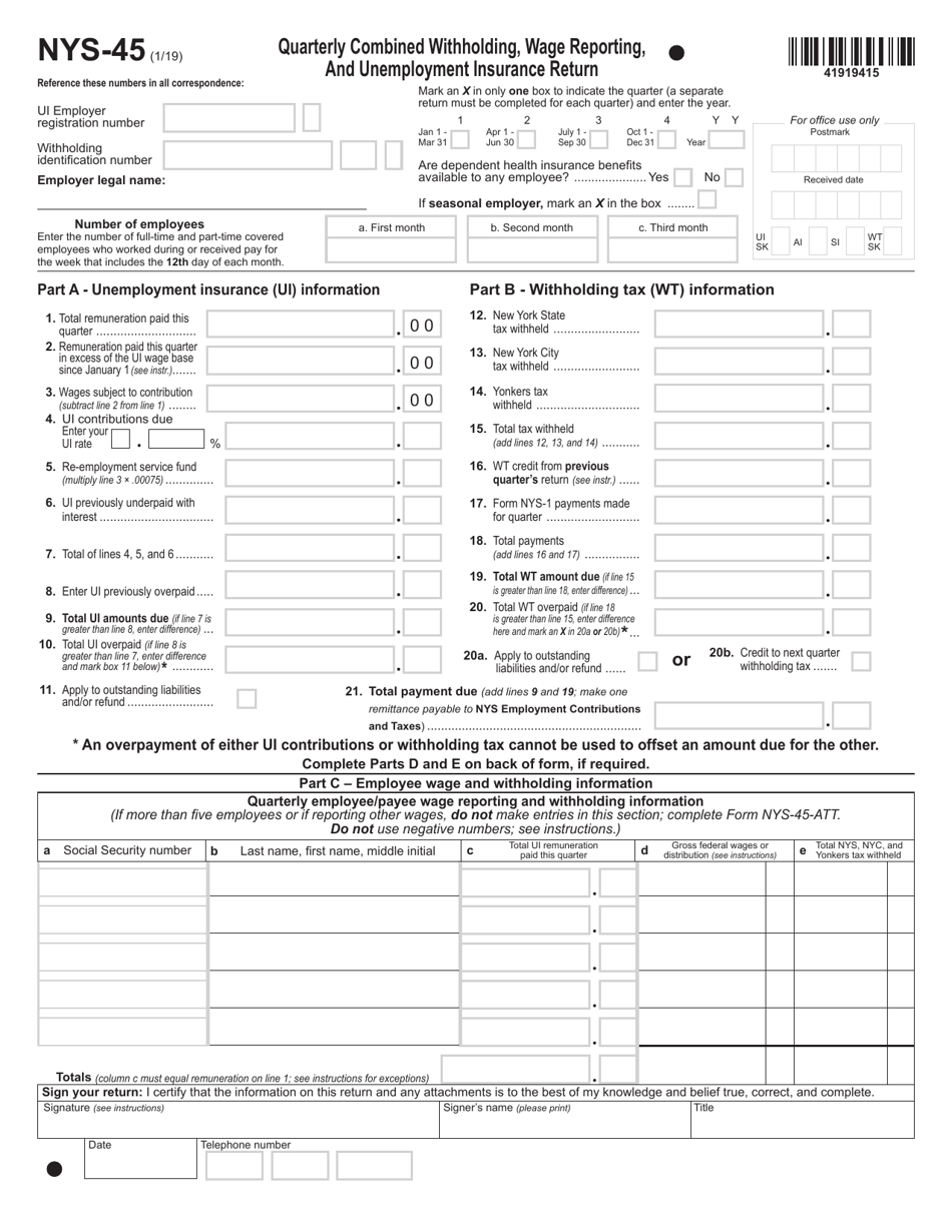 Form NYS-45 Quarterly Combined Withholding, Wage Reporting, and Unemployment Insurance Return-Attachment - New York, Page 1