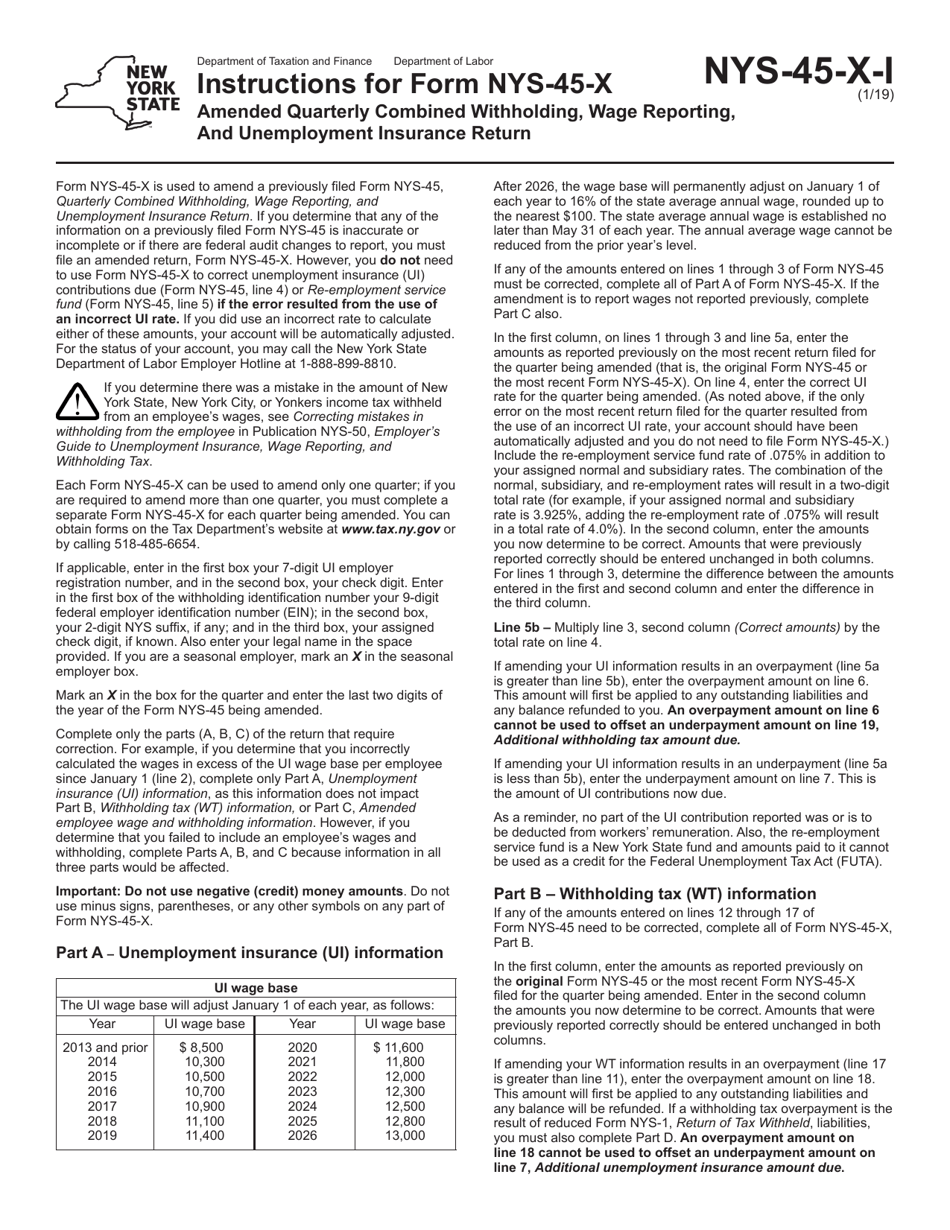Instructions for Form NYS-45-X Amended Quarterly Combined Withholding,wage Reporting, and Unemployment Insurance Return - New York, Page 1