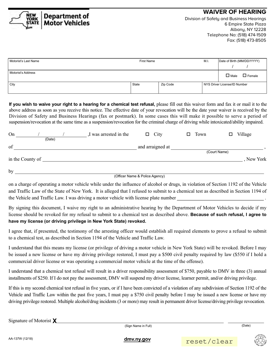 Form AA-137W Download Fillable PDF or Fill Online Waiver of Hearing New ...