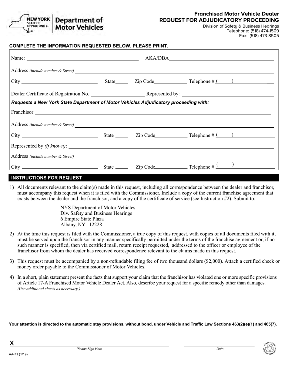 Form AA-71 Franchised Motor Vehicle Dealer Request for Adjudicatory Proceeding - New York, Page 1