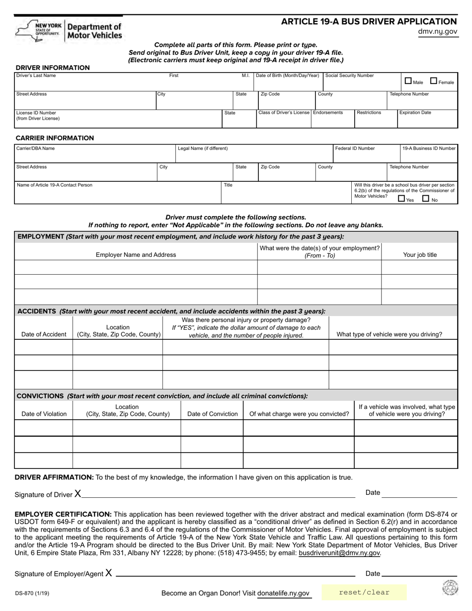 Form DS-870 Article 19-a Bus Driver Application - New York, Page 1