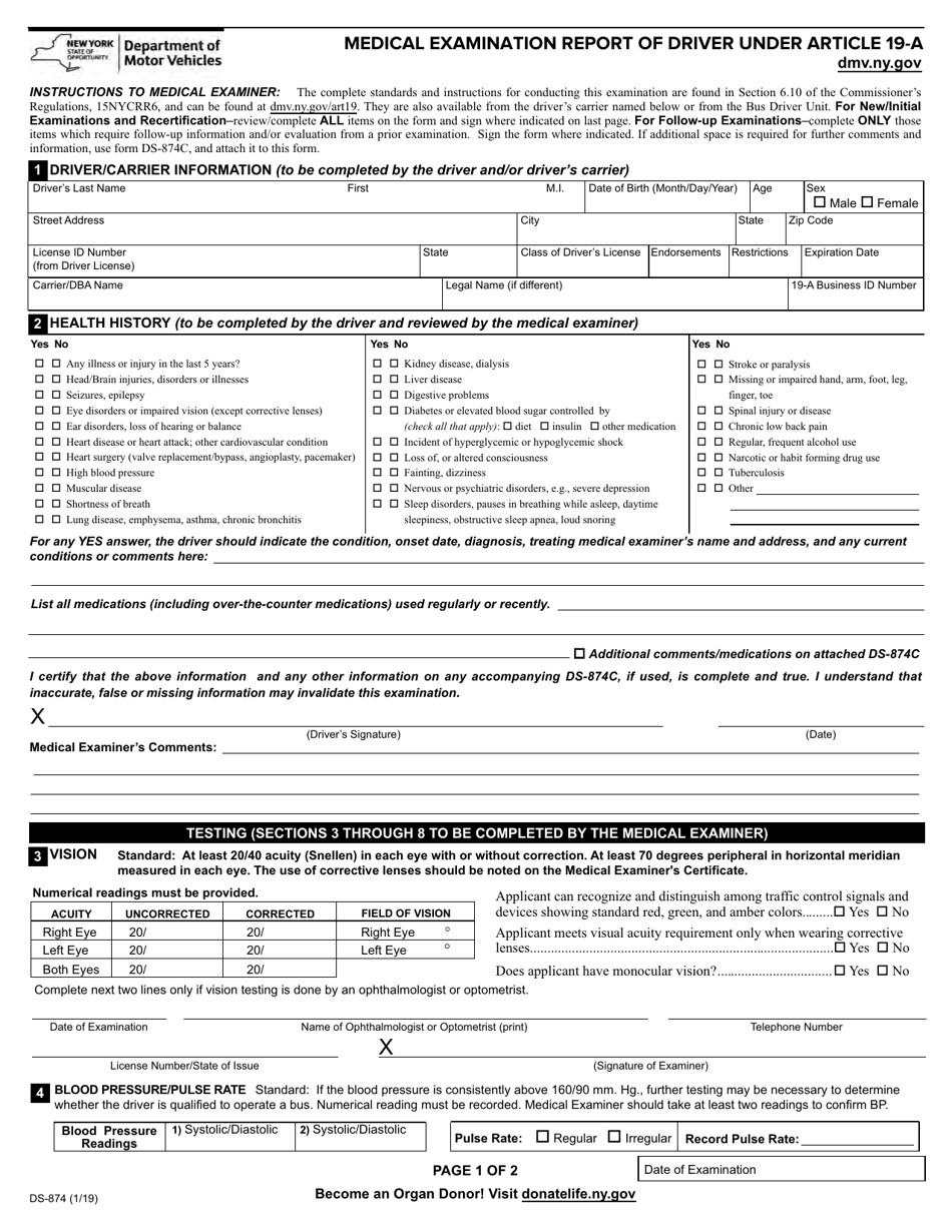 Form DS-874 Medical Examination Report of Driver Under Article 19-a - New York, Page 1