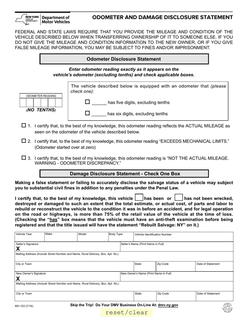 Form MV-103 Odometer and Damage Disclosure Statement - New York