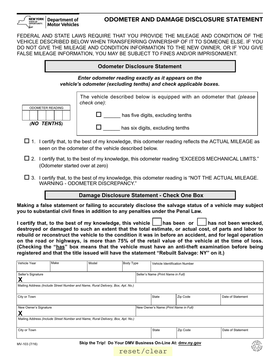 Form MV-103 Odometer and Damage Disclosure Statement - New York, Page 1