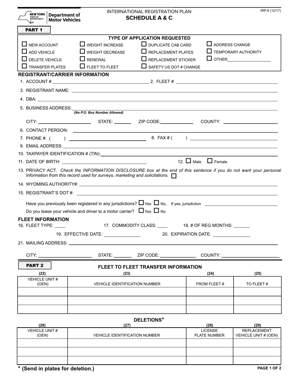 Form IRP-6 Schedule A, C International Registration Plan - New York, Page 1