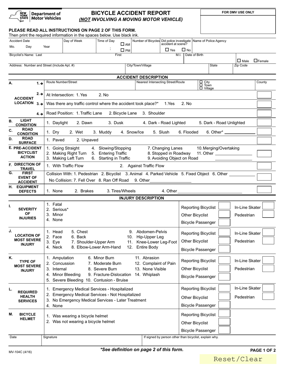 Form MV-104C Bicycle Accident Report - New York, Page 1