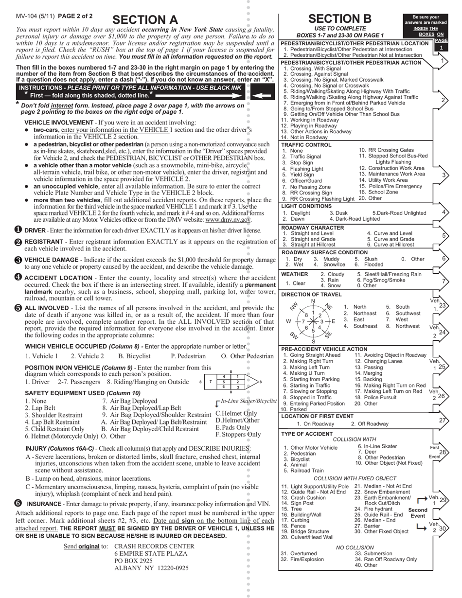 Form MV-104 Report of Motor Vehicle Accident - New York, Page 2