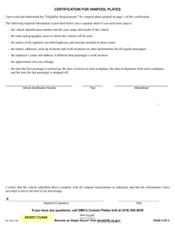 Form MV-109 Information and Certification for Vanpool Plates - New York, Page 2