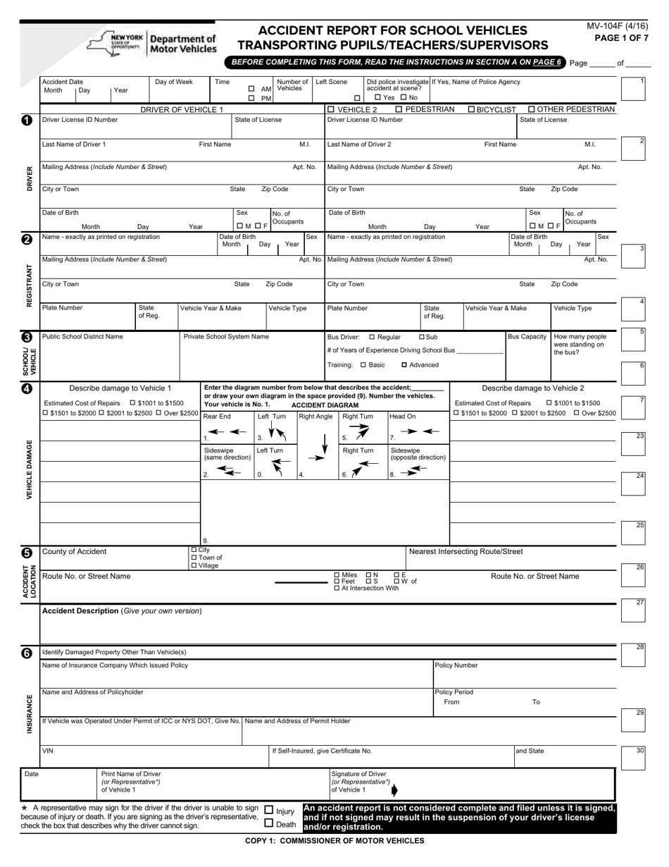 Form MV-104F Accident Report for School Vehicles Transporting Pupils / Teacher / Supervisors - New York, Page 1