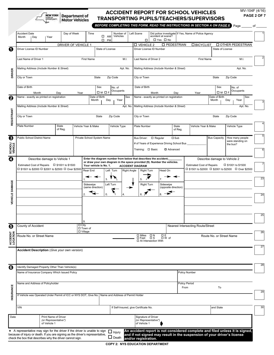 Form MV-104F Accident Report for School Vehicles Transporting Pupils / Teacher / Supervisors - New York, Page 2