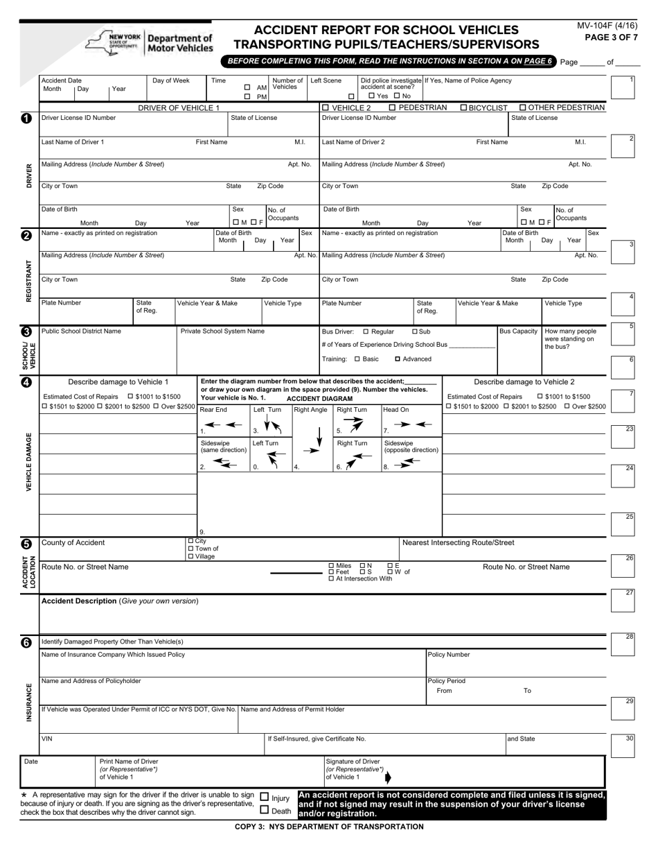 Form MV-104F Accident Report for School Vehicles Transporting Pupils / Teacher / Supervisors - New York, Page 3