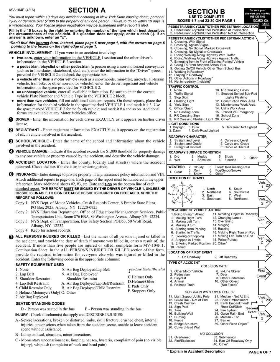 Form MV-104F Accident Report for School Vehicles Transporting Pupils / Teacher / Supervisors - New York, Page 6