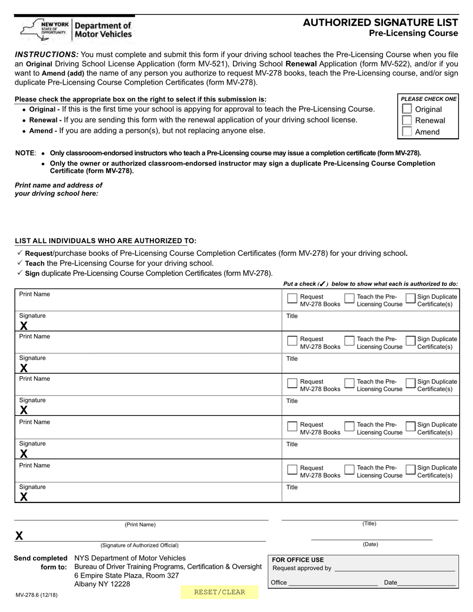 Form MV-278.6 Authorized Signature List (Pre-licensing Course) - New York, Page 1