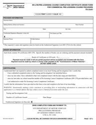 Form MV-278.8 CDS Pre-licensing Course Completion Certificate Order Form for Commercial Pre-licensing Course Providers - New York