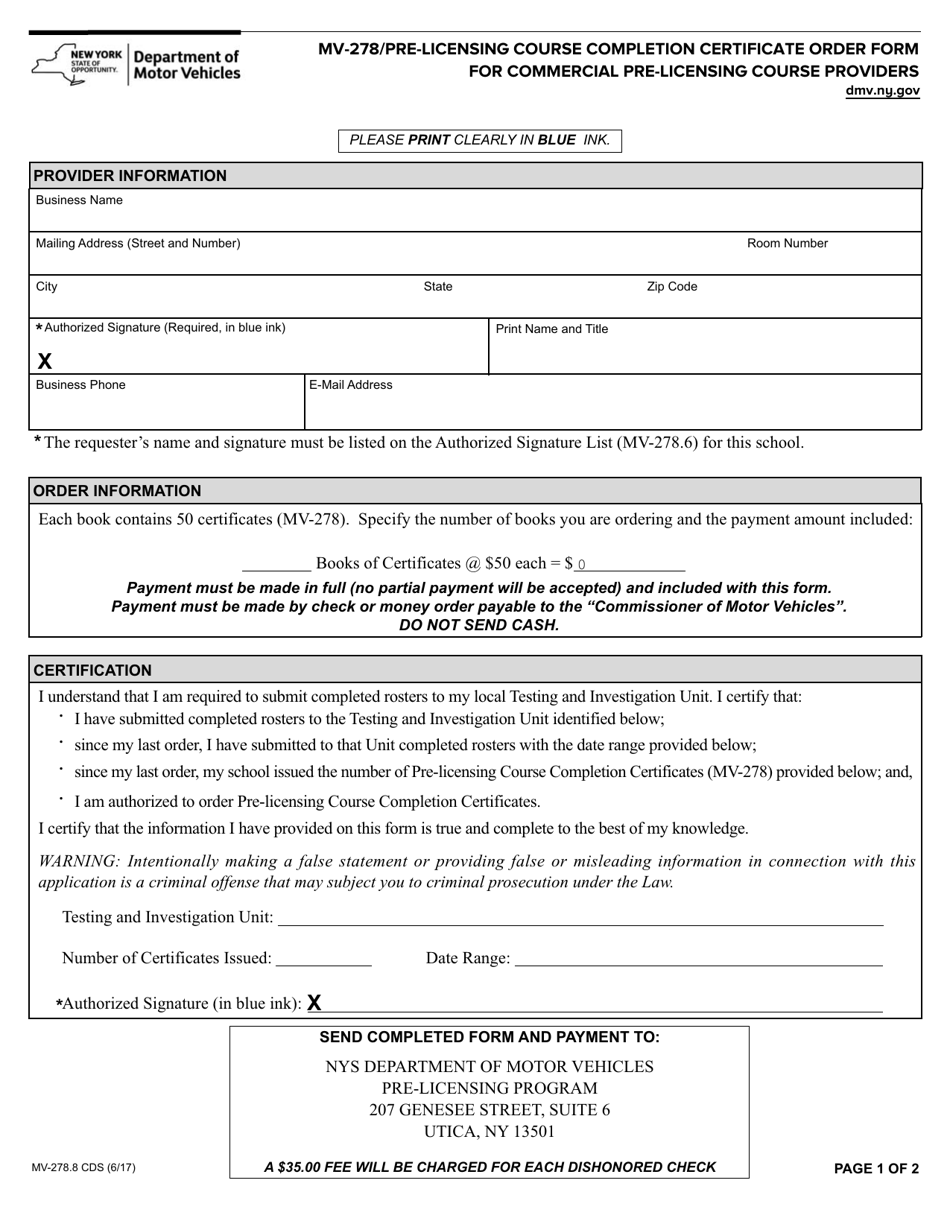 Form MV-278.8 CDS Pre-licensing Course Completion Certificate Order Form for Commercial Pre-licensing Course Providers - New York, Page 1