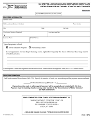 Form MV-278.8 SSC &quot;Pre-licensing Course Completion Certificate Order Form for Secondary Schools and Colleges&quot; - New York