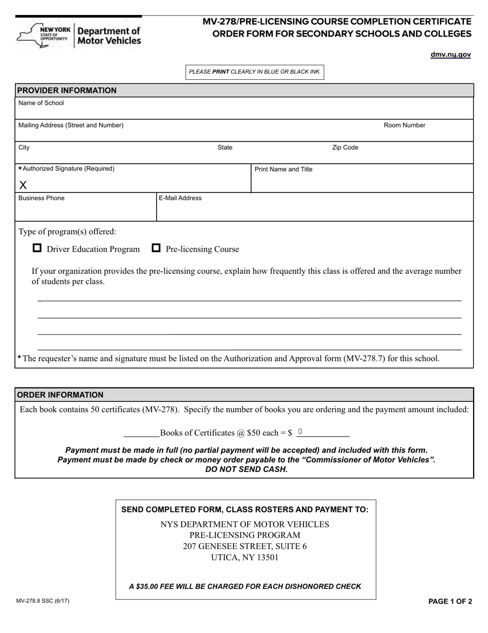 Form MV-278.8 SSC Pre-licensing Course Completion Certificate Order Form for Secondary Schools and Colleges - New York, Page 1