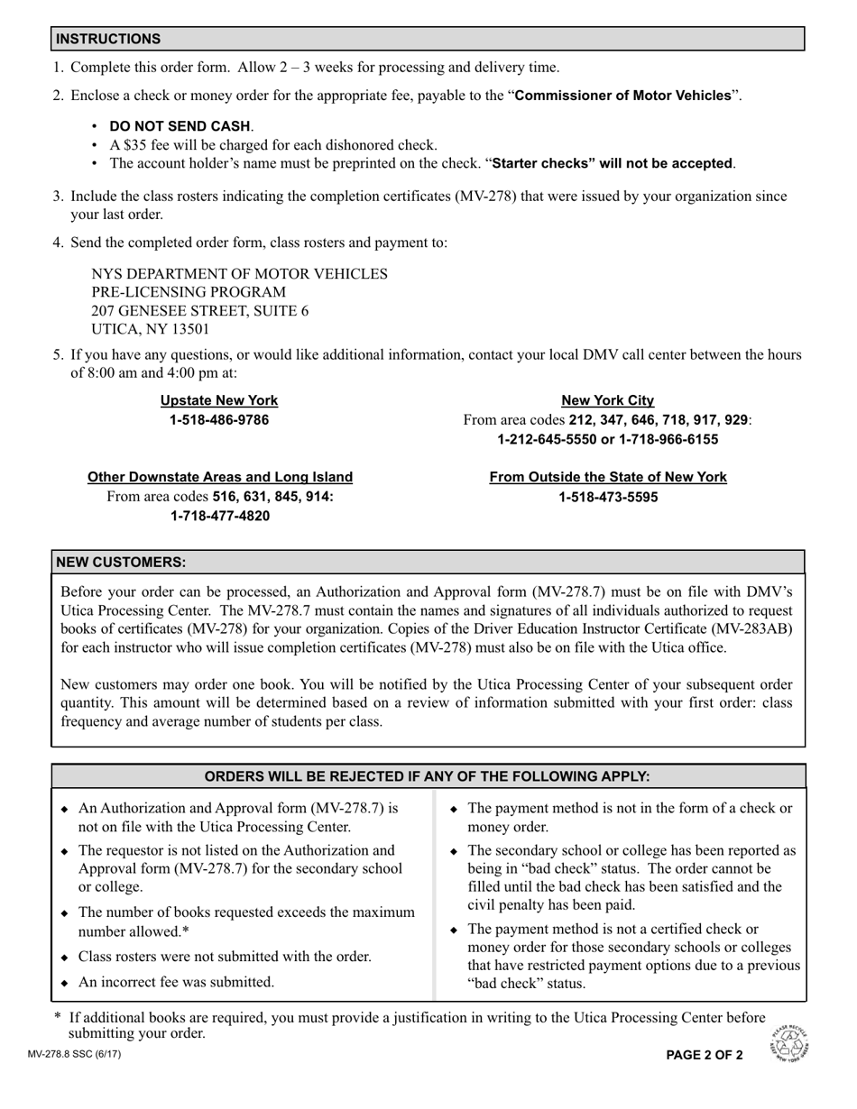 Form MV-278.8 SSC Pre-licensing Course Completion Certificate Order Form for Secondary Schools and Colleges - New York, Page 2