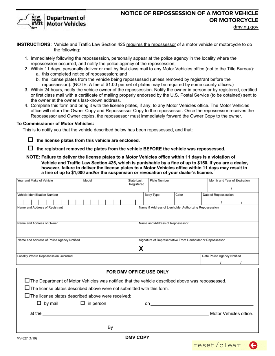Form MV-327 Notice of Repossession of Motor Vehicle or Motorcycle - New York, Page 1