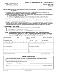 Form MV-327 Notice of Repossession of Motor Vehicle or Motorcycle - New York, Page 3