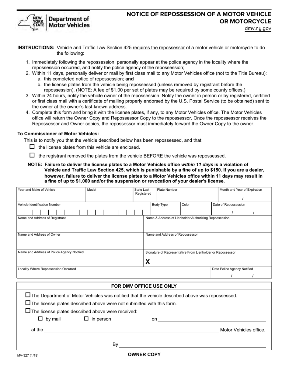 Form MV327 Fill Out, Sign Online and Download Fillable PDF, New York