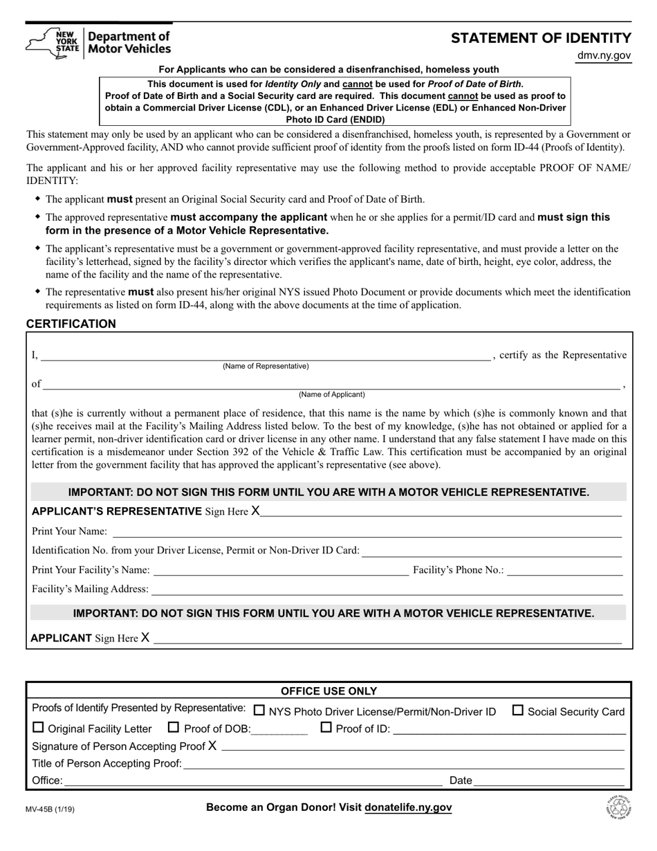 Form MV-45B Statement of Identity for Applicants Who Can Be Considered a Disenfranchised, Homeless Youth - New York, Page 1