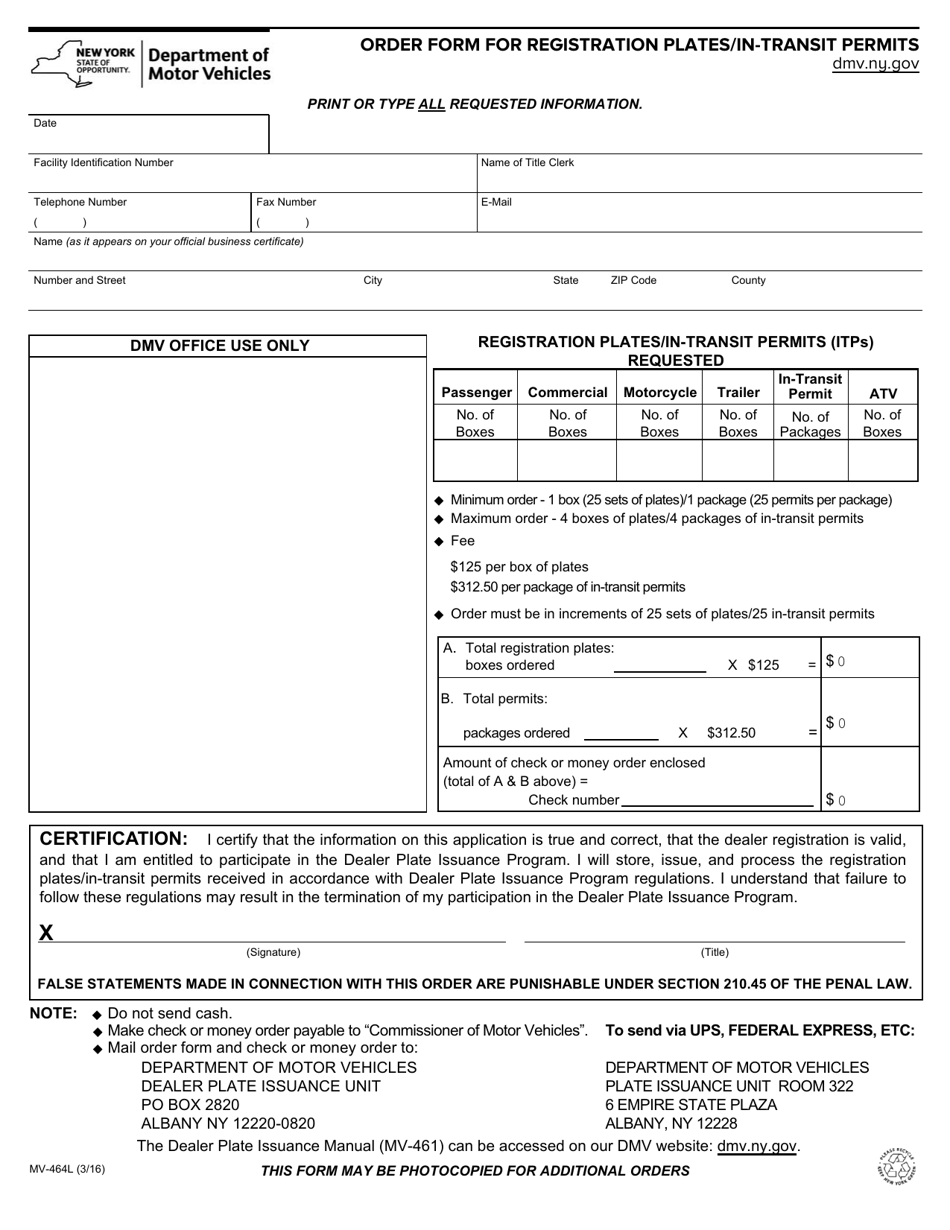 Form MV-464L Order Form for Registration Plates / In-transit Permits - New York, Page 1