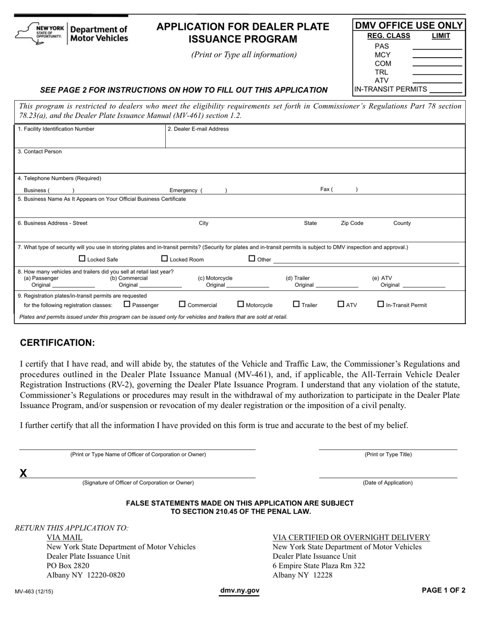 Form MV-463 Application for Dealer Plate Issuance Program - New York, Page 1