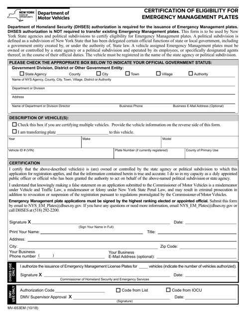 Form MV-653EM Certification of Eligibility for Emergency Management Plates - New York