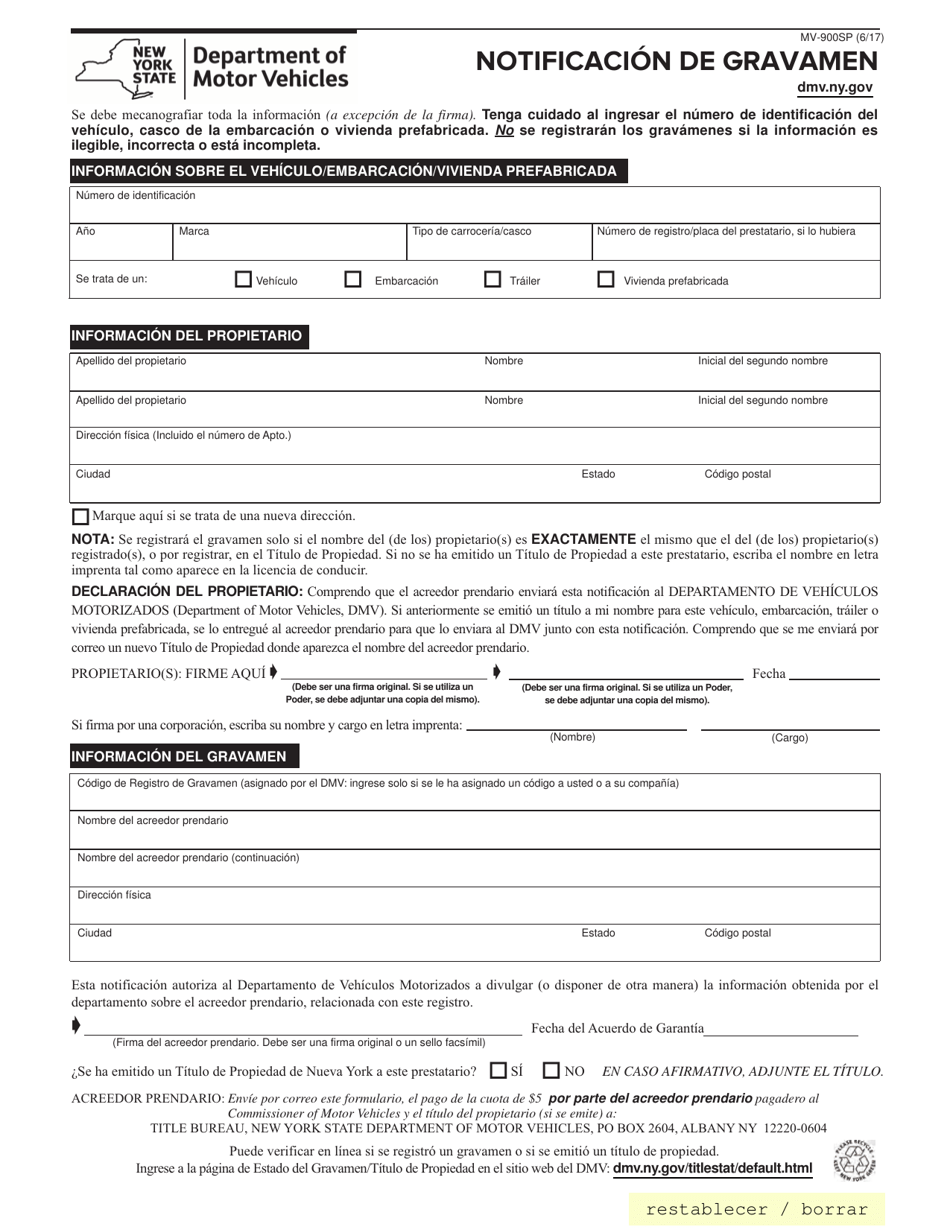 Formulario MV-900SP Notificacion De Gravamen - New York (Spanish), Page 1