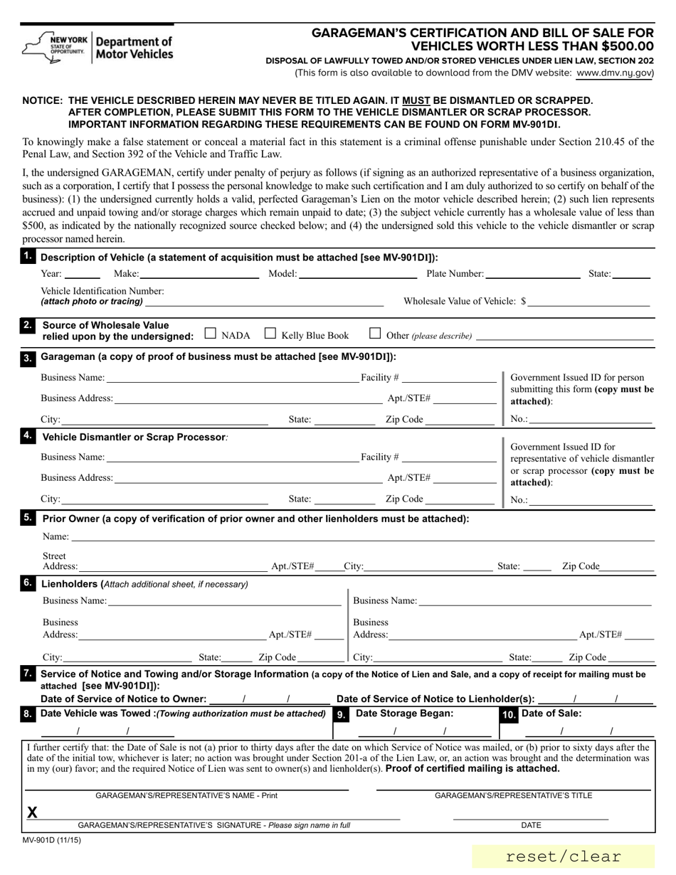 Form MV-901D Garagemans Certification and Bill of Sale for Vehicles Worth Less Than $500.00 - New York, Page 1