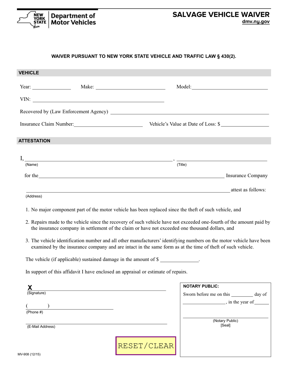 Form MV-908 Salvage Vehicle Waiver - New York, Page 1