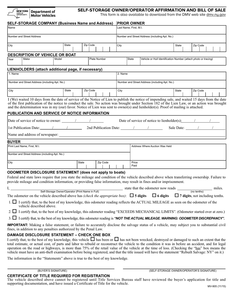 Form MV-905 Self-storage Owner / Operator Affirmation and Bill of Sale - New York, Page 1