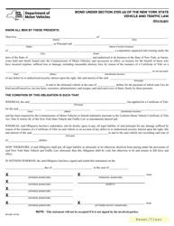 Document preview: Form MV-994 Bond Under Section 2105 (D) of the New York State Vehicle and Traffic Law - New York