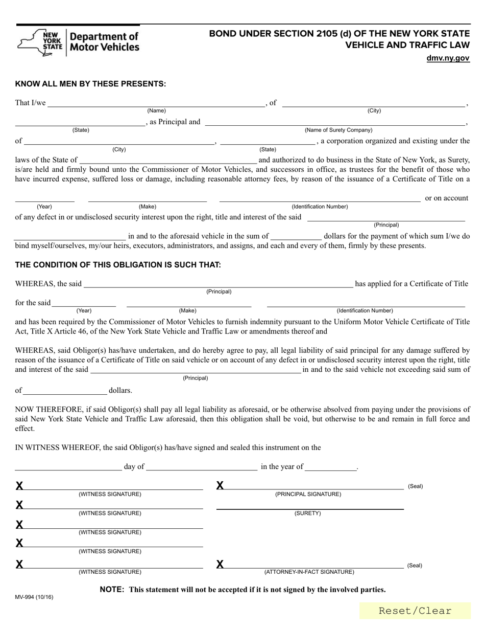 Form MV-994 Bond Under Section 2105 (D) of the New York State Vehicle and Traffic Law - New York, Page 1
