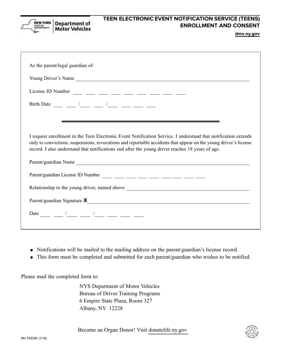 Form MV-TEENS Teen Electronic Event Notification Service (Teens) Enrollment and Consent - New York, Page 1