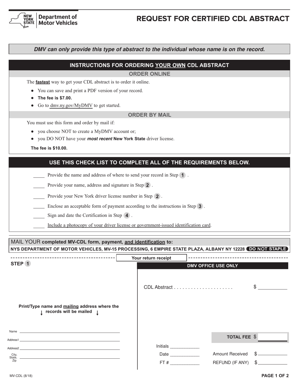 Form MV-CDL Request for Certified Cdl Abstract - New York, Page 1