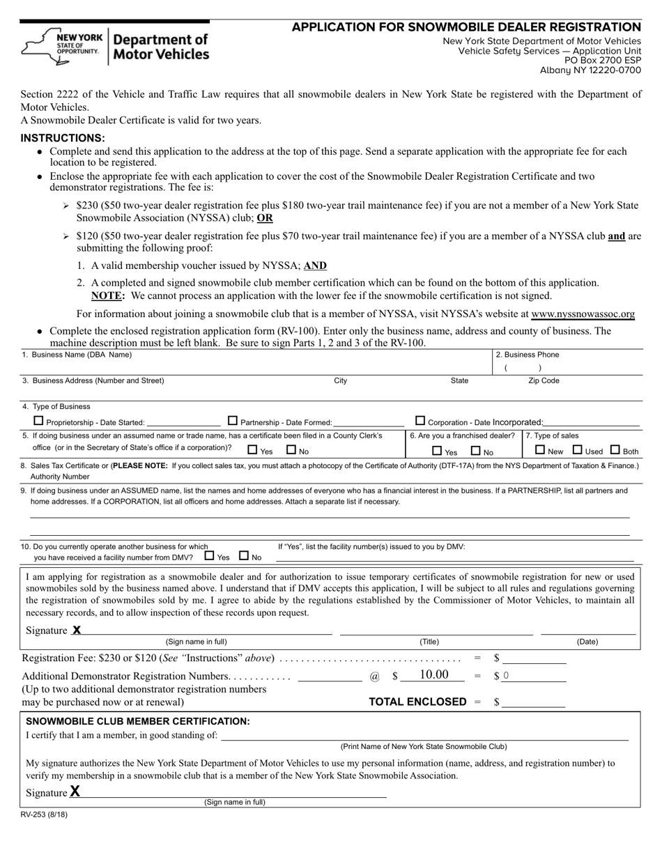 Form RV-253 Application for Snowmobile Dealer Registration - New York, Page 1