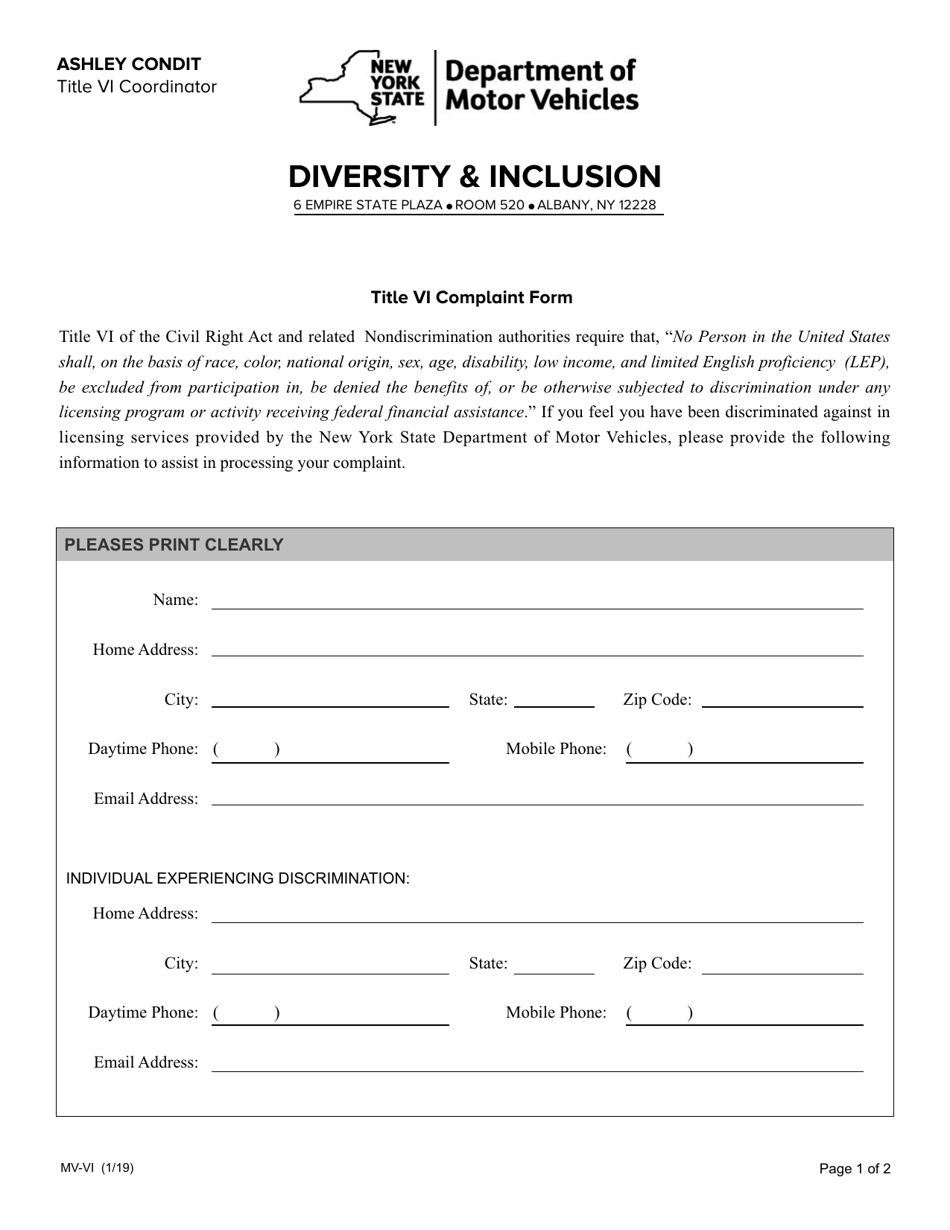 Form MV-VI Title VI Non-discrimination Complaint Form - New York, Page 1