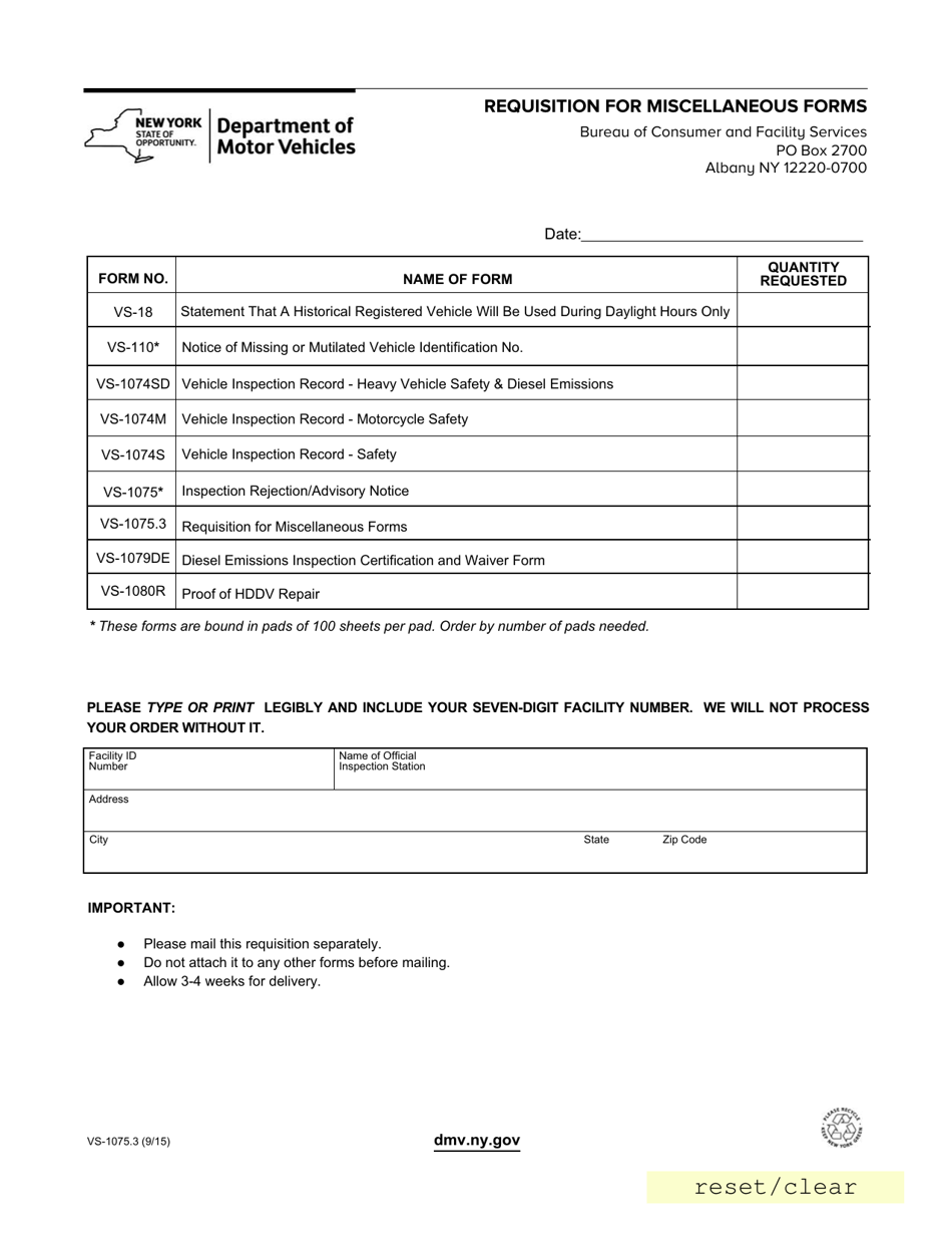 Form VS-1075.3 Requisition for Miscellaneous Forms - New York, Page 1