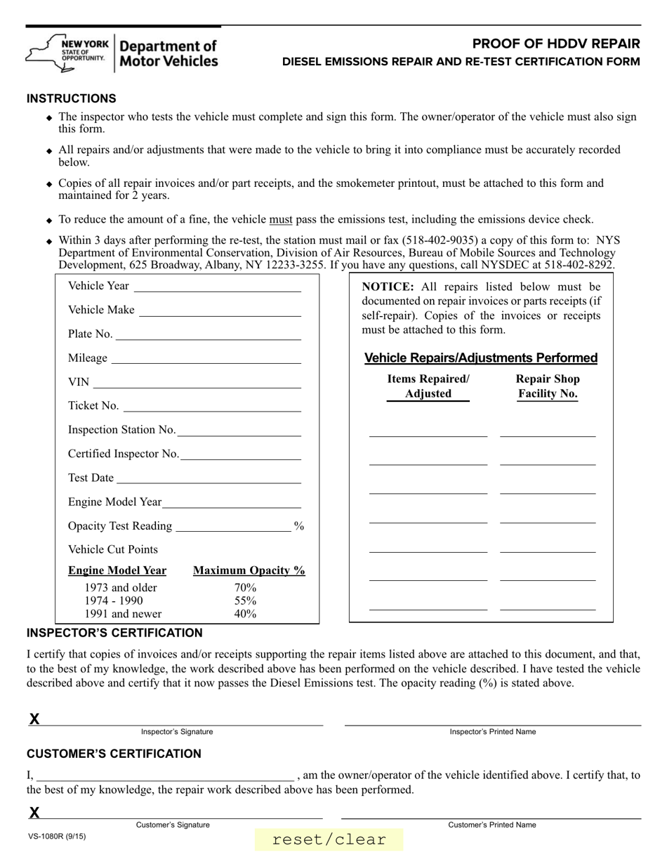 Form VS-1080R Proof of Hddv Repair - Diesel Emissions Repair and Re-test Certification Form - New York, Page 1