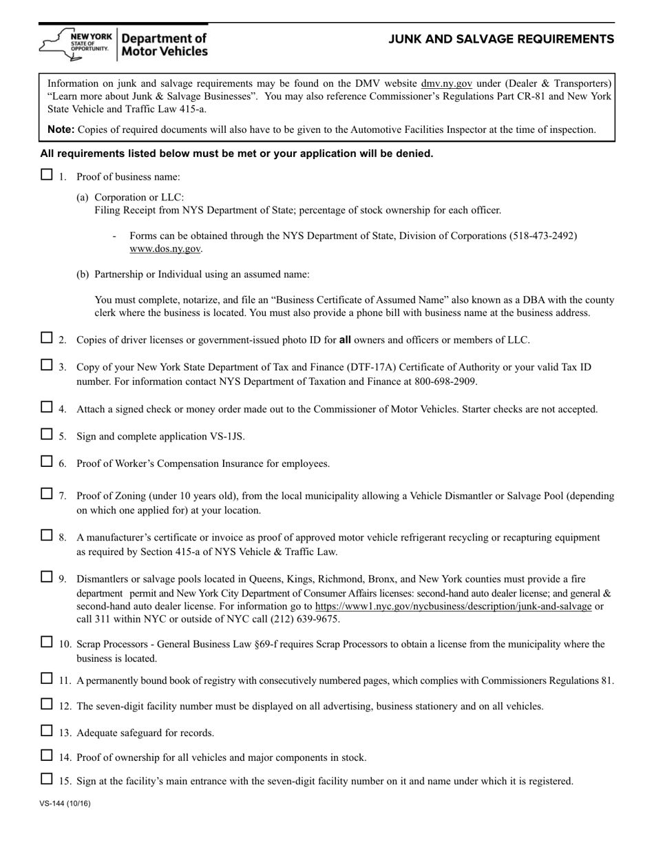 Form Vs 144 Download Fillable Pdf Or Fill Online Facility Requirements Junk And Salvage New York Templateroller