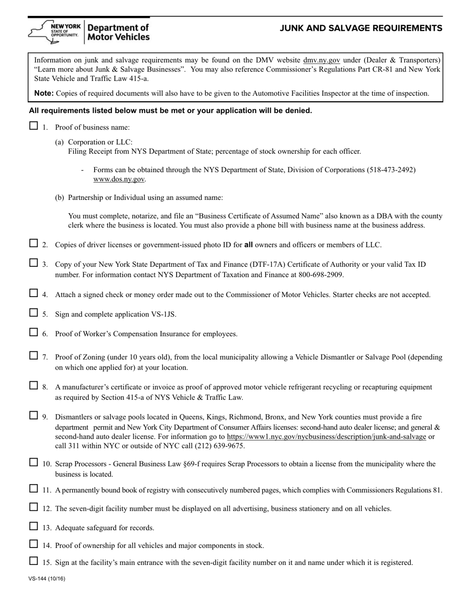 Form VS-144 Facility Requirements - Junk and Salvage - New York, Page 1