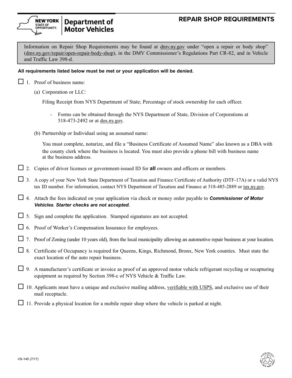 Form VS-145 Facility Requirements - Repair and Body Shops - New York, Page 1