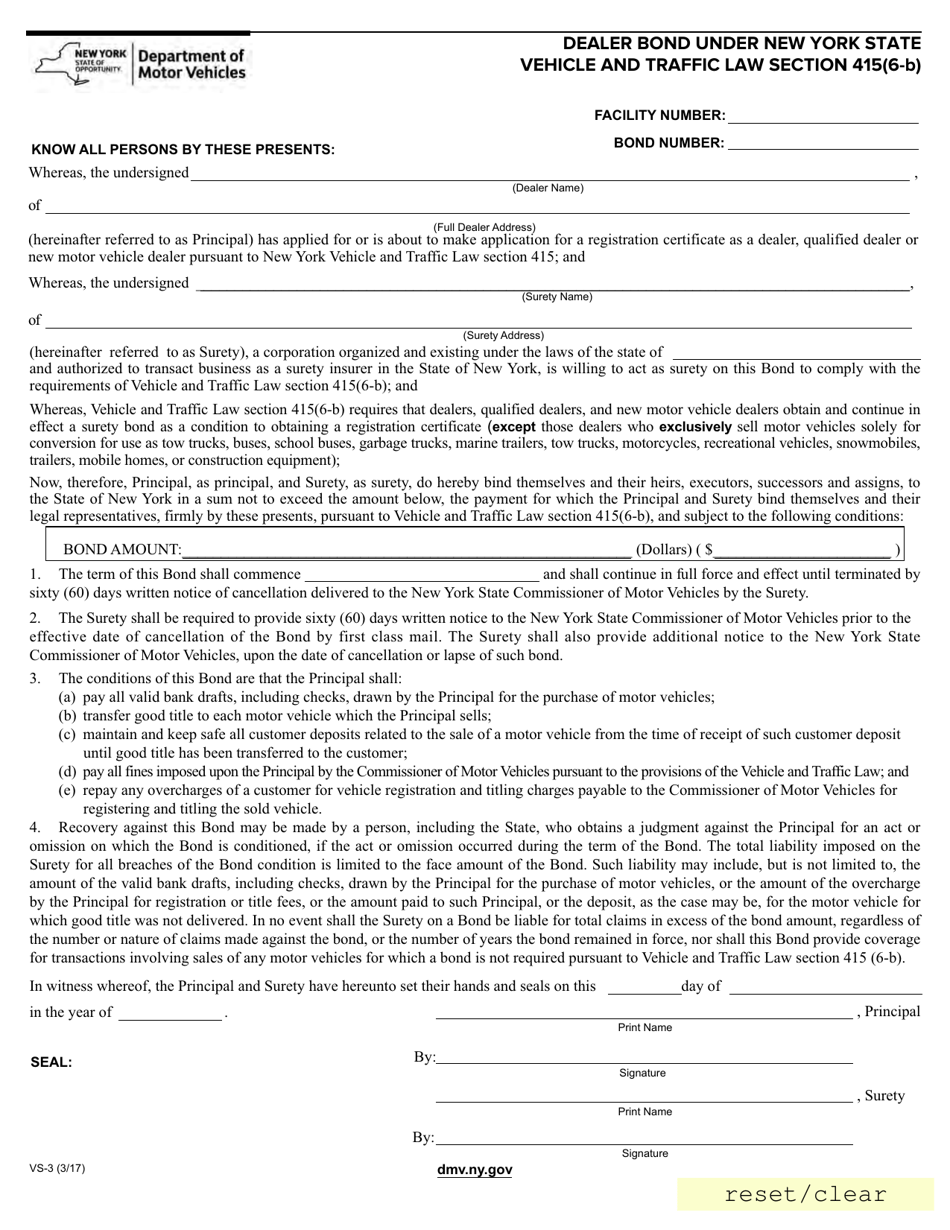 Form VS-3 Dealer Bond Under NYS Vehicle and Traffic Law Section 415(6-b) - New York, Page 1