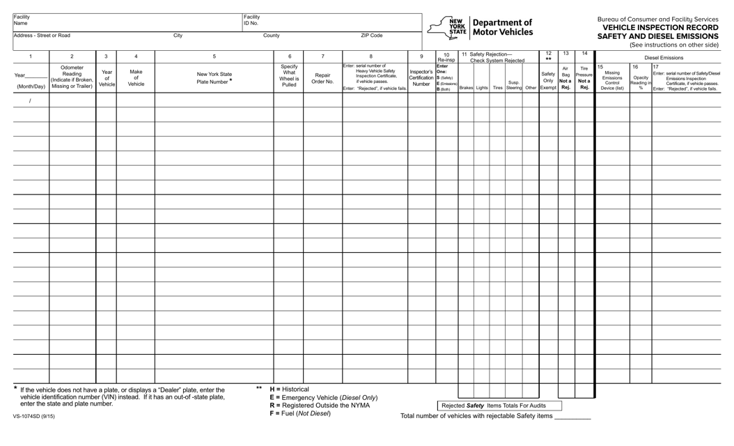 Form VS-1074SD Vehicle Inspection Record - Safety and Diesel Emissions - New York